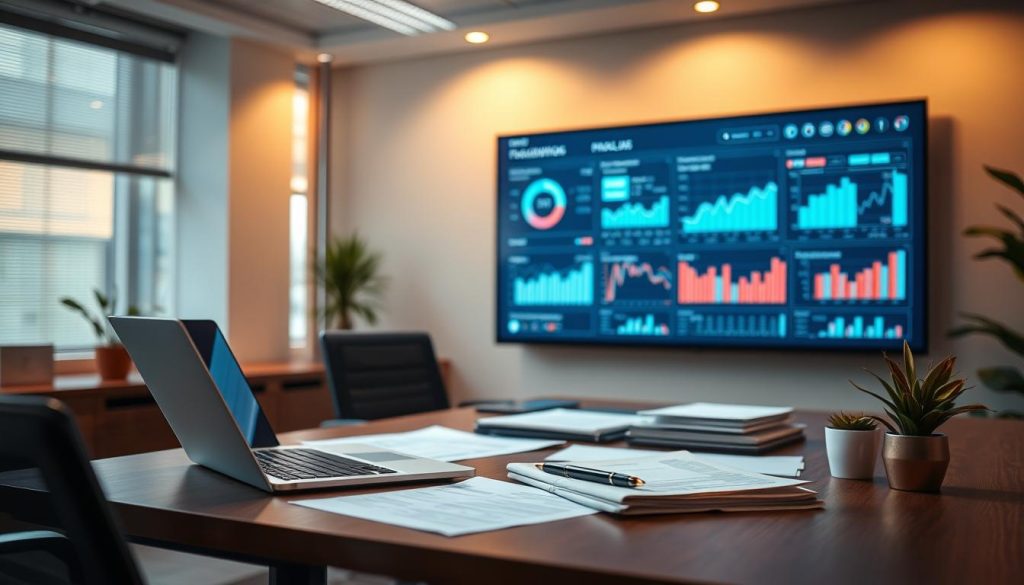 A modern office interior with a desk, laptop, and various financial documents. In the background, a large display shows a digital financial dashboard with charts, graphs, and analytics. Warm, directional lighting illuminates the scene, creating a professional and productive atmosphere. The desk is neatly organized, with a pen, notepad, and a small potted plant, suggesting a workspace focused on financial planning and client engagement. The overall composition conveys the integration of technology and human expertise in the financial advisor's lead generation efforts.