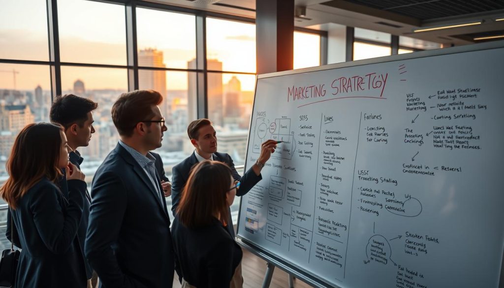 A modern office interior, with a large whiteboard displaying a comprehensive marketing strategy. In the foreground, an executive brainstorms ideas, using colorful markers to sketch out concepts and plans. Surrounding the whiteboard, a team of professionals collaborates, discussing tactics and refining the strategy. In the background, a cityscape is visible through floor-to-ceiling windows, bathed in warm, golden-hour lighting. The atmosphere is one of focused determination, with a sense of forward momentum and strategic vision.
