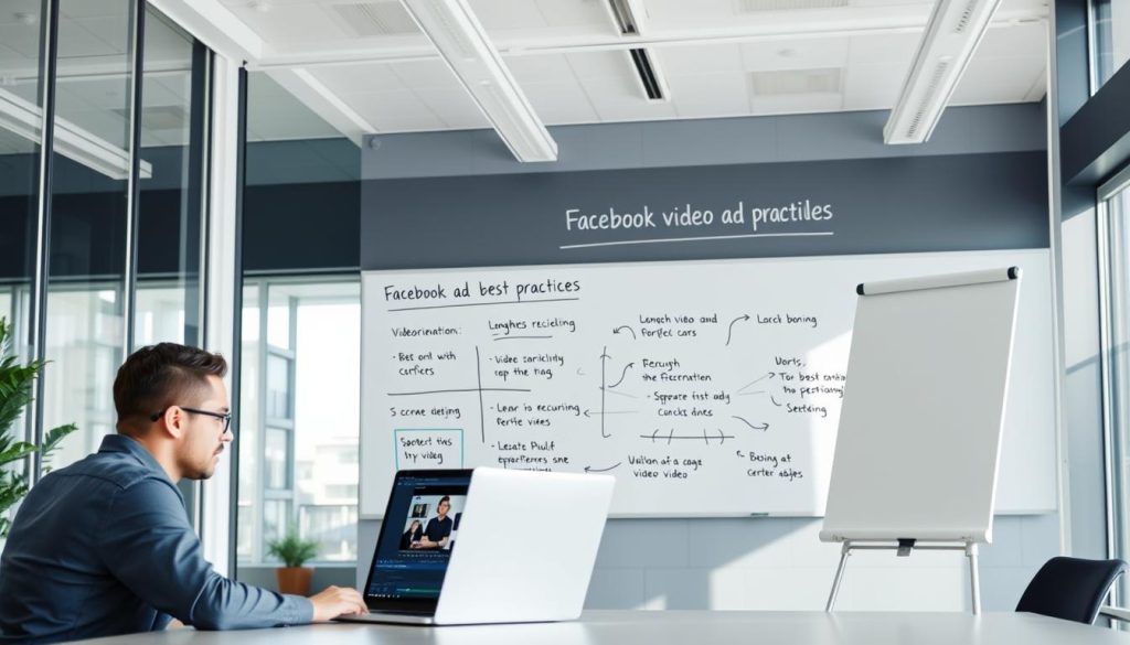 A modern office interior with large windows, bright natural lighting, and a clean, minimalist aesthetic. In the foreground, a professional-looking person is seated at a desk, intently focused on a laptop screen displaying video editing software. Behind them, a whiteboard on the wall showcases a visual representation of "Facebook video ad best practices" - key points like video orientation, aspect ratio, and recommended lengths are illustrated in a clear, organized manner. The overall atmosphere is one of productivity, attention to detail, and a focus on creating high-quality video content for social media advertising.