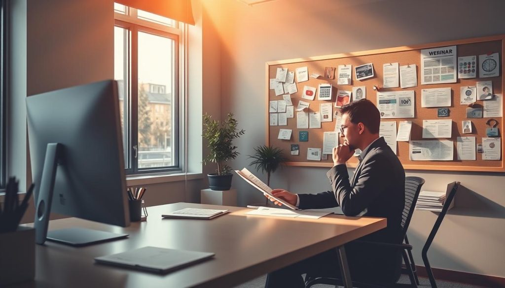 A modern office setting, neatly organized with a sleek desk, computer monitor, and stationery. In the foreground, a person sits at the desk, thoughtfully considering promotional materials for an upcoming webinar. Rays of warm, directional lighting stream in from a large window, casting a productive and focused atmosphere. In the background, a bulletin board displays various webinar-related graphics, icons, and calendar reminders, hinting at the planning and strategy involved. The overall scene conveys a sense of professional preparation and attention to detail for an effective webinar promotion.