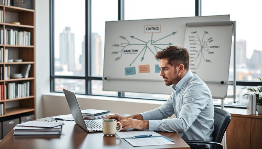 A modern office setting with a large window providing natural lighting. In the foreground, a financial advisor sits at a desk, intently studying a laptop screen and surrounded by neatly organized documents and a cup of coffee. On the wall behind the desk, a whiteboard displays a mind map outlining a content marketing strategy, with arrows and colored diagrams. In the middle ground, bookshelves line the walls, conveying a sense of professionalism and expertise. The background features a cityscape visible through the window, suggesting the advisor's connection to the financial world. The overall atmosphere is one of focused, strategic thinking and a commitment to client-centric content marketing.