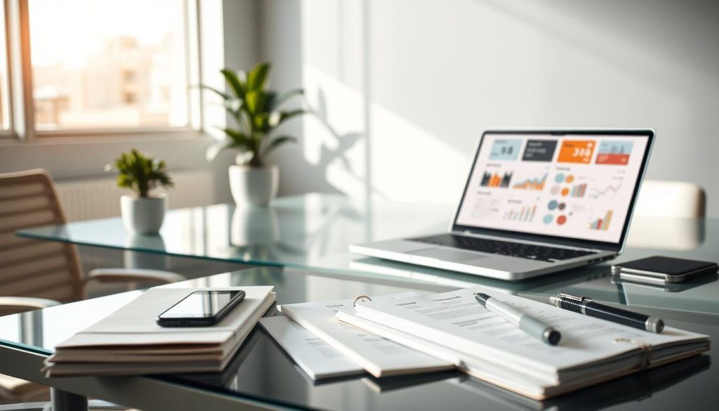 A modern office workspace with a minimalist aesthetic, featuring a sleek glass desk, a potted plant, and a laptop displaying infographics and data visualizations. Soft, natural lighting filters through large windows, casting a warm, focused glow on the scene. In the foreground, a carefully curated collection of content marketing strategy materials, including notebooks, pens, and a mobile device, are arranged in a visually appealing manner. The overall atmosphere conveys a sense of focus, expertise, and authority in the field of content marketing.