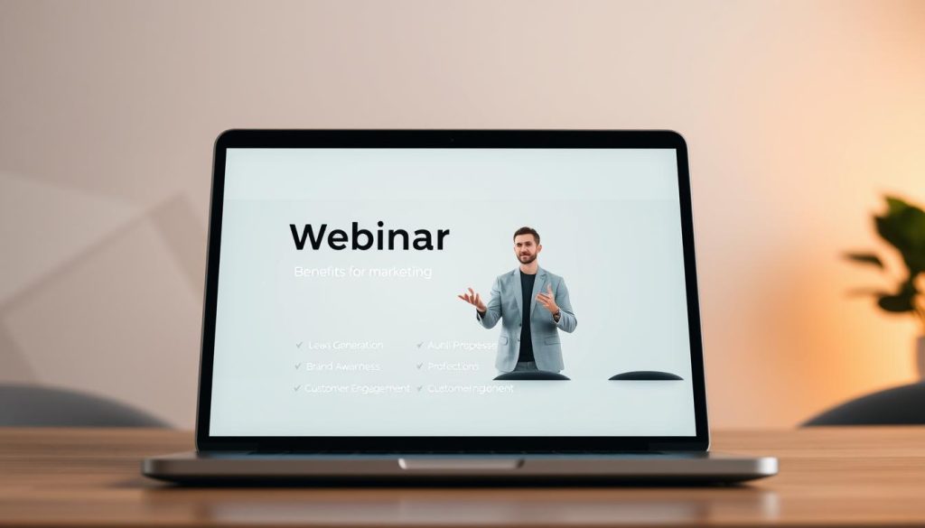 A modern, stylish webinar interface with a bold, minimalist design. In the foreground, a laptop screen displays the webinar's title and key benefits for marketing, such as lead generation, brand awareness, and customer engagement. The middle ground features a speaker presenting against a clean, neutral background, gesturing animatedly. The background subtly suggests a virtual conference room, with geometric shapes and soft, warm lighting creating a professional, productive atmosphere. The overall mood is one of clarity, efficiency, and the transformative power of digital marketing tools.
