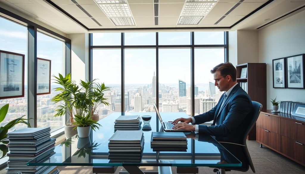 A modern, vibrant law office interior with large windows letting in natural light. In the foreground, a lawyer sits at a sleek glass desk, intently typing on a laptop, surrounded by stacks of files and a potted plant. On the walls, framed certificates and artwork create a professional, yet inviting atmosphere. In the middle ground, a panoramic view of a bustling city skyline is visible through the windows, symbolizing the firm's global reach and expertise. The overall scene conveys a sense of productivity, innovation, and a commitment to client service that is central to effective content marketing for law firms.