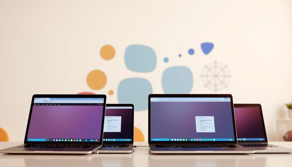 A modern, well-lit office setting showcasing four distinct webinar platform options. In the foreground, sleek laptop screens display the user interfaces of the platforms, highlighted with warm, directional lighting. In the middle ground, abstract shapes and geometric patterns create a visually engaging backdrop, subtly suggesting the technological nature of the webinar tools. The background features a minimalist, neutral-toned wall, allowing the webinar platforms to take center stage. The overall composition conveys a sense of professionalism, clarity, and the need to make an informed choice when selecting the right webinar platform for financial advisor marketing.