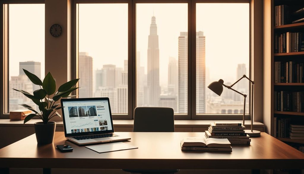 A modern, well-lit office space with a large window overlooking a bustling city skyline. On the desk, a laptop displays real estate listings and analytics dashboards. Bookshelves line the walls, filled with real estate investment guides and marketing strategy books. A potted plant and a stylish desk lamp add a touch of warmth to the professional atmosphere. The warm, natural lighting casts a soft glow, creating an inviting and productive environment for a real estate investor to craft their content marketing strategy.