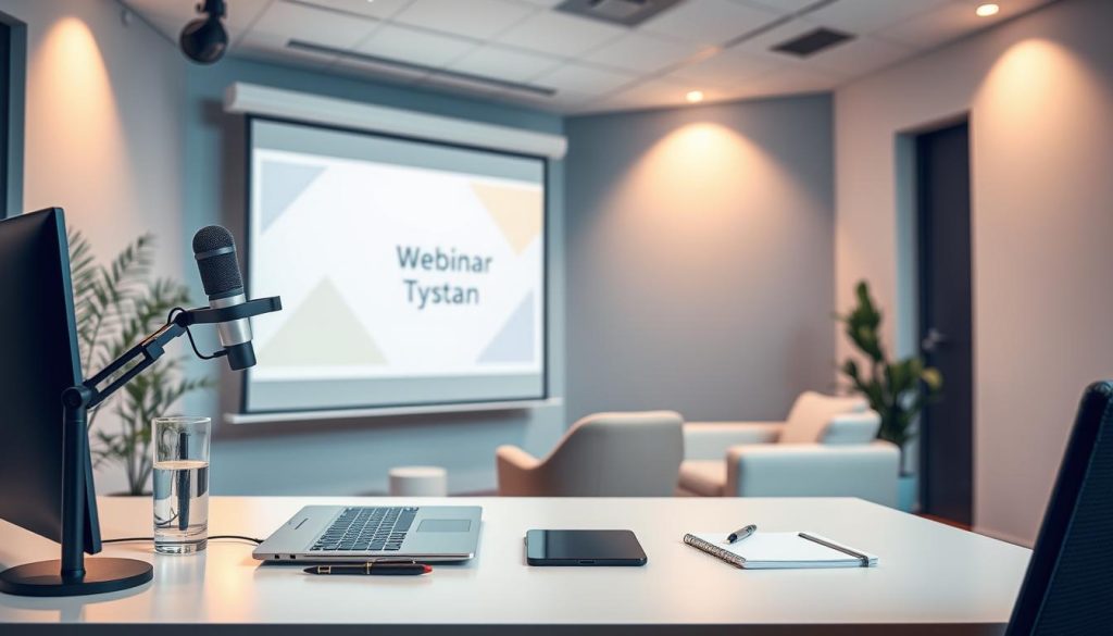 A modern, well-lit webinar studio with a clean, minimalist design. In the foreground, a sleek desk with a laptop, microphone, and a glass of water. On the desk, various stationery items like pens, notebooks, and a tablet. The middle ground features a comfortable chair and a plant, creating a cozy, productive atmosphere. The background showcases a large projection screen displaying an engaging presentation slide, with subtle geometric patterns and a soft color palette. Warm, directional lighting illuminates the scene, creating a professional, yet inviting ambiance.
