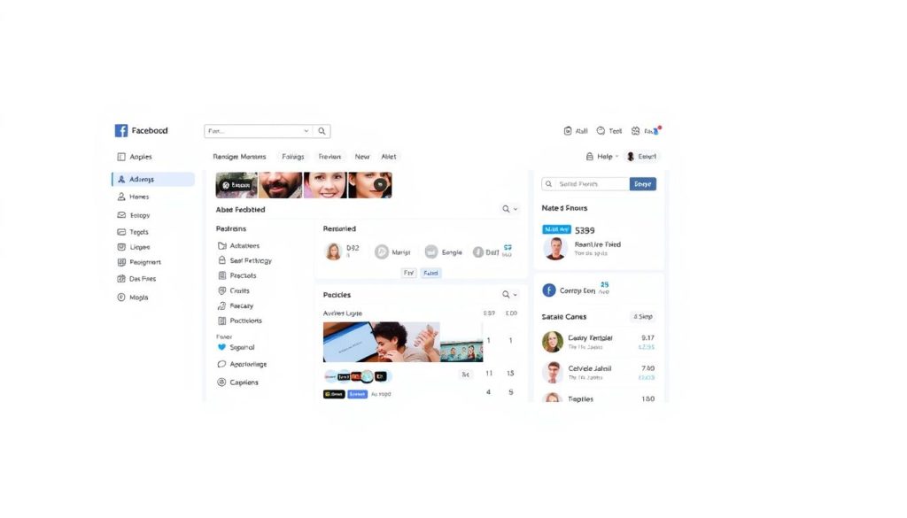 A neatly organized digital interface with a clean, modern design. The Facebook Ads Manager dashboard is displayed against a plain white background, with intuitive menus, buttons, and data visualizations. The layout is structured and symmetrical, guiding the user's attention to the key functionalities. Subtle shadows and highlights create a sense of depth and interactivity. The overall tone is professional, efficient, and optimized for user experience. The interface is captured from a slightly elevated perspective, providing a comprehensive view of the platform's capabilities for setting up and managing advertising campaigns.