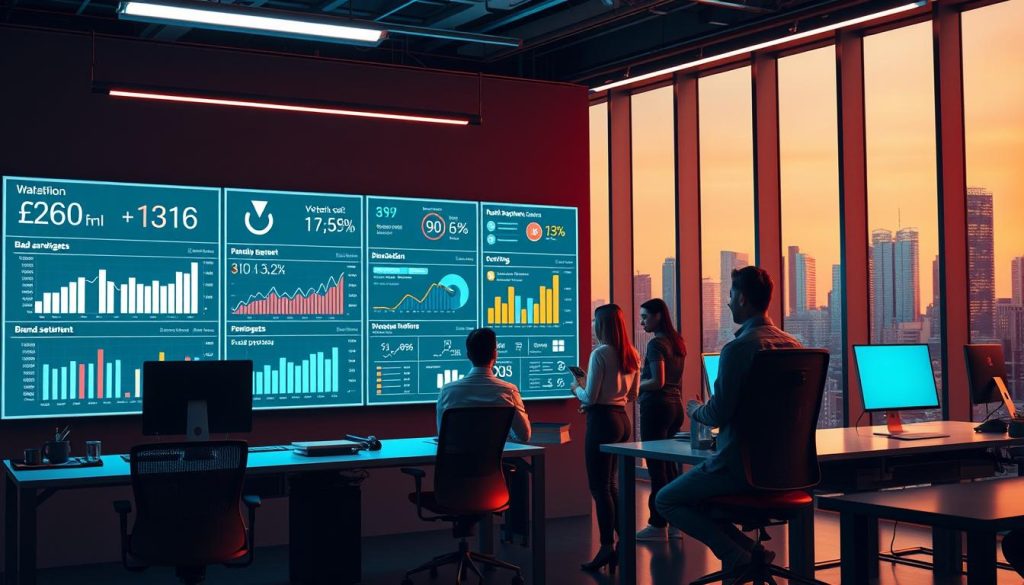 A neon-lit office setting with sleek and modern workstations, illuminated by a soft, warm glow. In the foreground, a large digital dashboard displays various brand awareness metrics, such as website traffic, social media engagement, and brand sentiment, all represented through dynamic data visualizations. The middle ground features a team of professionals analyzing the data, deep in discussion. In the background, the city skyline is visible through the floor-to-ceiling windows, adding a sense of urban sophistication. The overall mood is one of data-driven decision-making, with a focus on understanding and optimizing brand awareness.