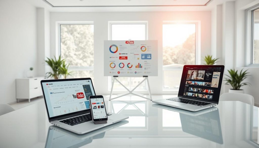 A pristine white office with modern, minimalist furniture. In the foreground, a laptop and a smartphone rest on a sleek glass desk, their screens displaying various YouTube analytics and marketing strategies. The middle ground features a well-designed presentation board, showcasing colorful diagrams and infographics on effective YouTube content creation and promotion tactics. In the background, large windows let in natural light, casting a warm, productive glow over the entire scene. The atmosphere is one of focus, innovation, and the promise of digital success.