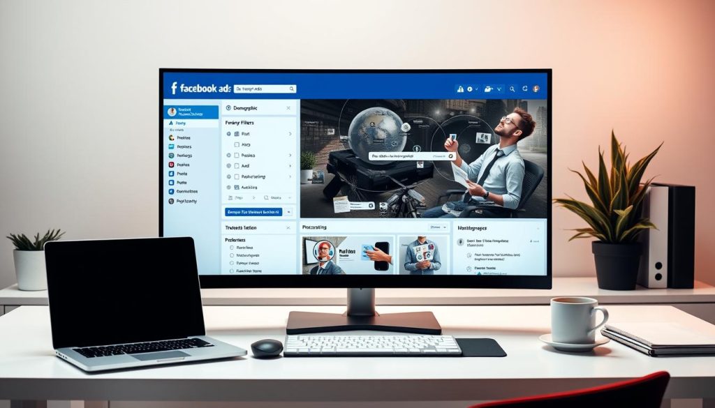 A professional business office setting, with a large monitor displaying a detailed Facebook ads dashboard. The screen showcases an array of targeting options, including demographic filters, interests, behaviors, and placement preferences. The desk is minimalist, with a laptop, mouse, and a cup of coffee. Soft, warm lighting illuminates the scene, creating a focused and productive atmosphere. The composition is balanced, with the monitor taking center stage, surrounded by subtle details that complement the subject matter. The overall tone is one of efficiency, technology, and data-driven marketing insights.