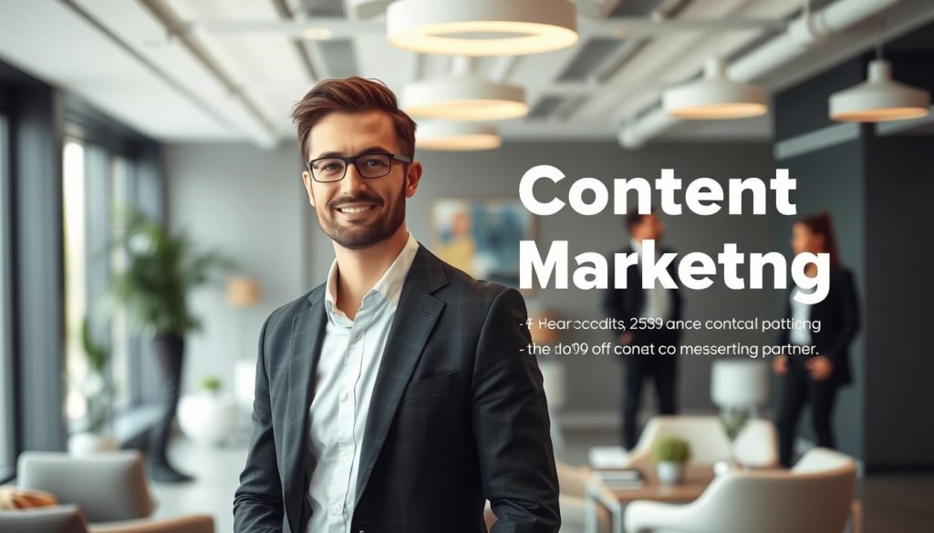 A professional business person standing in a modern office, surrounded by a collaborative team of coworkers, representing the concept of a "content marketing partner." The subject is dressed in a sharp, well-tailored suit, exuding an air of confidence and expertise. The lighting is soft and warm, creating a welcoming atmosphere. The scene is captured from a slightly elevated angle, allowing the viewer to see the subject's face clearly while also taking in the broader office environment. The background features sleek, minimalist furniture and decor, conveying a sense of sophistication and innovation. The overall mood is one of professionalism, teamwork, and the promise of successful content marketing strategies.