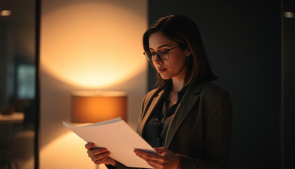 A professional businesswoman standing in a dimly lit office, thoughtfully reviewing notes and planning her next steps for a successful webinar follow-up strategy. Soft, warm lighting illuminates the scene, creating a contemplative atmosphere. The background is blurred, allowing the focus to remain on the subject's determined expression and the papers in her hand. The scene conveys a sense of strategic planning and the importance of post-webinar engagement to drive business growth.