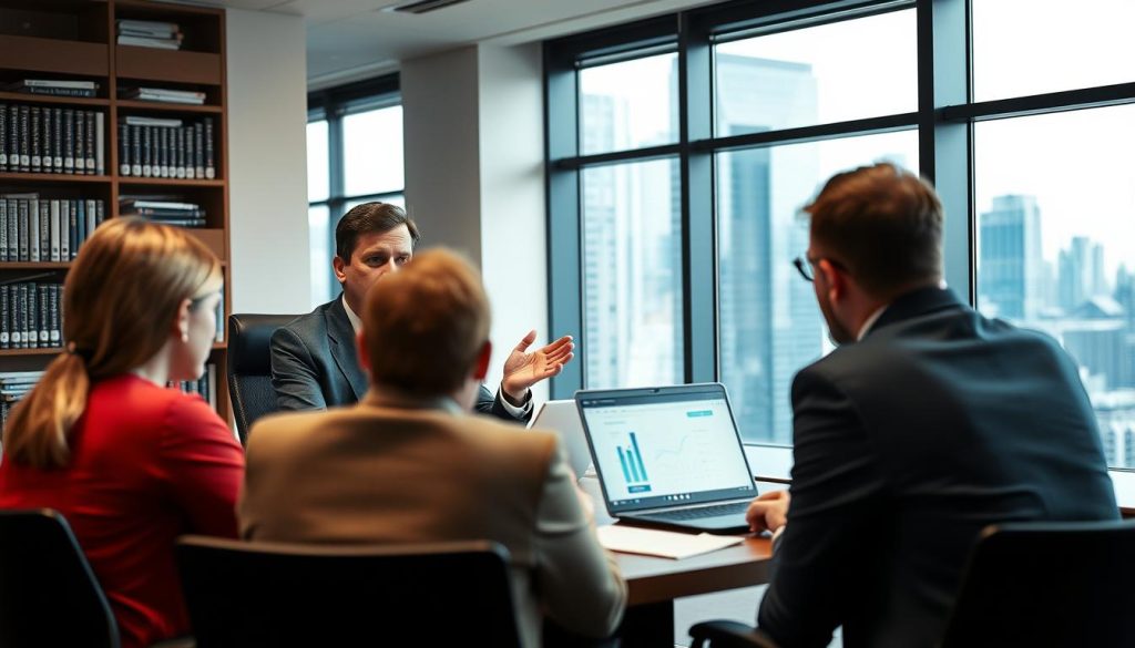 A professional financial advisor sits at a desk, giving a presentation on a laptop to a group of clients in a modern, well-lit office. The advisor's expression is authoritative yet approachable, as they discuss the merits of their content marketing strategy. In the background, shelves of financial books and a city skyline visible through large windows create a sense of expertise and success. The scene is captured with a wide-angle lens, emphasizing the advisor's role in guiding their clients through informed financial decisions.