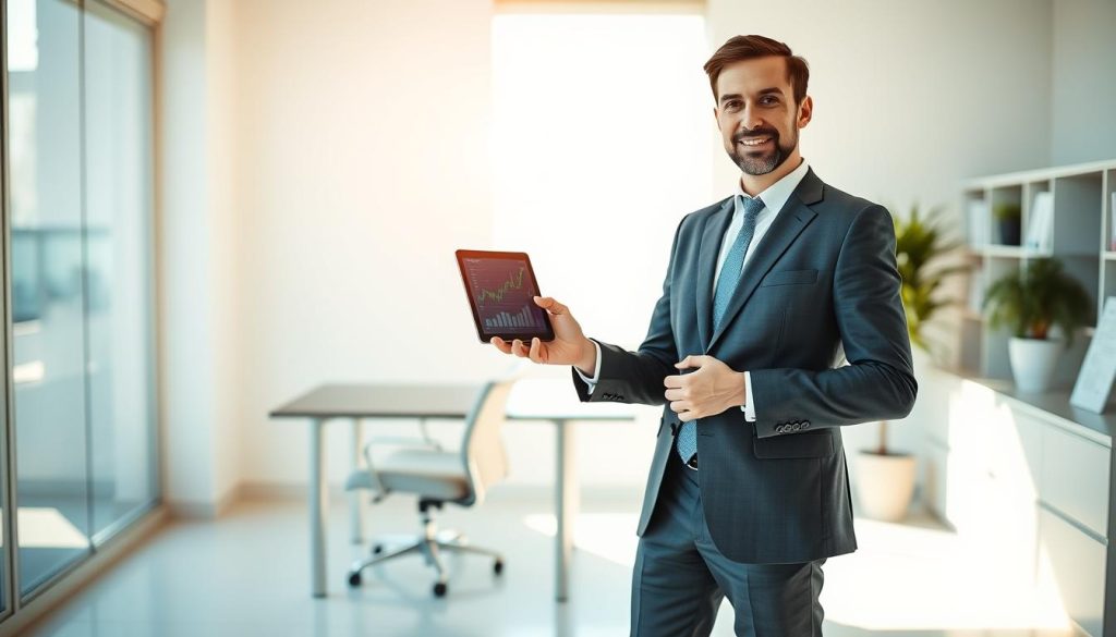 A professional financial advisor standing confidently in a well-lit, minimalist office. Warm, natural lighting floods the scene, creating a sense of approachability and trustworthiness. The advisor, dressed in a smart, tailored suit, gestures towards a tablet displaying financial data and charts, conveying expertise and attention to detail. In the background, a sleek, modern desk and chair complement the serene, organized environment, suggesting a focus on efficiency and client-centric service. The overall atmosphere exudes a balance of professionalism, competence, and personable engagement, reflecting the ideal qualities of an effective financial advisor's marketing strategy.