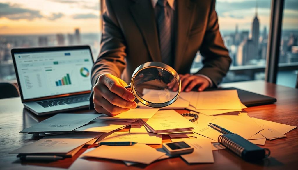 A professional, high-quality image of "lead generation" for an article on content marketing strategy. In the foreground, a well-dressed professional holding a magnifying glass, intently searching for leads among a scatter of documents, envelopes, and business cards on a polished wooden desk. Warm, directional lighting casts dramatic shadows, highlighting the intense focus on the task at hand. In the middle ground, a laptop displaying a web analytics dashboard, its graphs and charts visualizing the flow of website traffic and lead capture metrics. The screen emits a soft, ambient glow, creating a sense of data-driven insight. In the background, a panoramic city skyline viewed through large windows, suggesting the broader business landscape and the scale of potential lead opportunities beyond the immediate workspace. The overall mood is one of strategic, data-driven lead generation - a methodical, focused process within a larger, dynamic commercial environment.