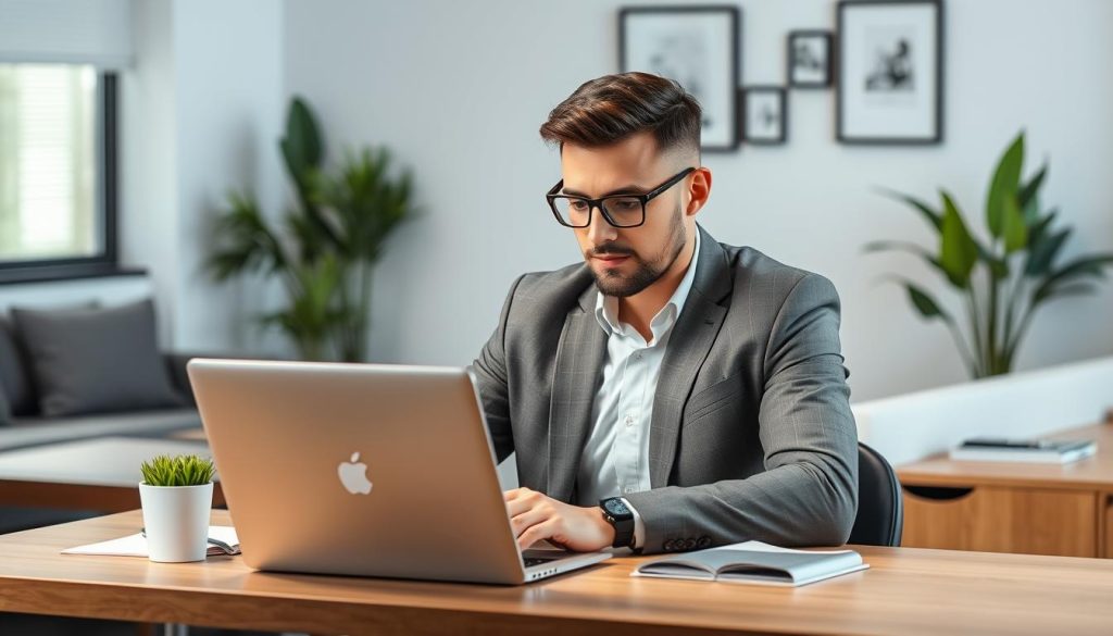 A professional-looking YouTube marketing expert sitting at a desk, surrounded by a modern office environment. They are focused on a laptop, analyzing data and strategies, with a thoughtful expression. Soft, directional lighting illuminates their face, adding a sense of expertise and authority. The background features sleek furniture, potted plants, and a minimalist wall decor, creating a sophisticated and productive atmosphere. The overall composition conveys the sense of a knowledgeable and experienced YouTube marketing consultant who can guide others to success.