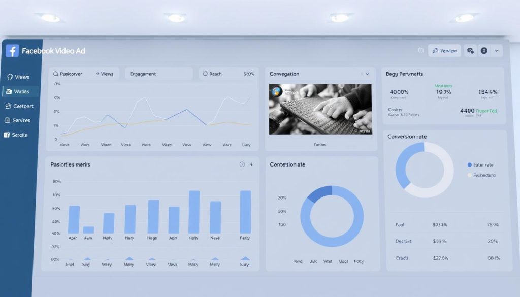 A professional-looking dashboard displaying a range of Facebook video ad performance metrics, including views, engagement, reach, and conversion rates. The metrics are presented in a clean, minimalist interface with clear data visualizations such as line graphs, bar charts, and pie charts. The dashboard is rendered in a cool, muted color palette of grays, blues, and whites, conveying a sense of precision and analytical clarity. The lighting is soft and evenly distributed, and the camera angle is slightly elevated, providing an overview of the dashboard's organization and layout. The mood is one of data-driven decision making, with the metrics offering insights into the effectiveness of the video ad campaign.