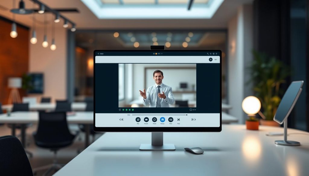 A professional, sleek webinar platform with a minimalist interface. In the foreground, a large video conferencing window showcases the host presenting, surrounded by clean white space and subtle UI elements. The middle ground features an array of webinar controls, microphone and screen sharing buttons. In the background, a blurred backdrop of a modern office environment, with hints of warm lighting and natural textures. The overall mood is one of polished productivity, designed to facilitate an engaging and seamless virtual presentation experience.