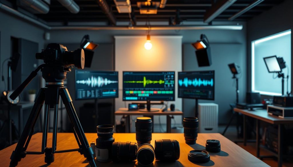 A professional video production studio bathed in a warm, soft light. In the foreground, a camera tripod and various lenses arranged neatly on a table, hinting at the technical expertise required for video optimization. In the middle ground, a video monitor displays a series of waveforms and color-grading tools, indicating the meticulous post-production process. The background features sleek, modern equipment and a minimalist, industrial-chic aesthetic, creating an atmosphere of creative innovation and efficiency.