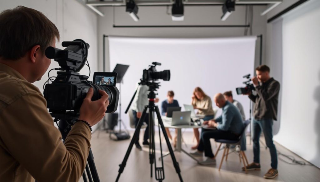 A professional video production studio with high-tech equipment. In the foreground, a camera operator films a model demonstrating proper video recording techniques, using a tripod and natural lighting. In the middle ground, a team of videographers and editors collaborate on laptops, reviewing and editing footage. In the background, a minimalist backdrop with a large window allows for ample soft, diffused lighting. The atmosphere is one of focus, creativity, and attention to technical detail, embodying the best practices for producing high-quality video content.