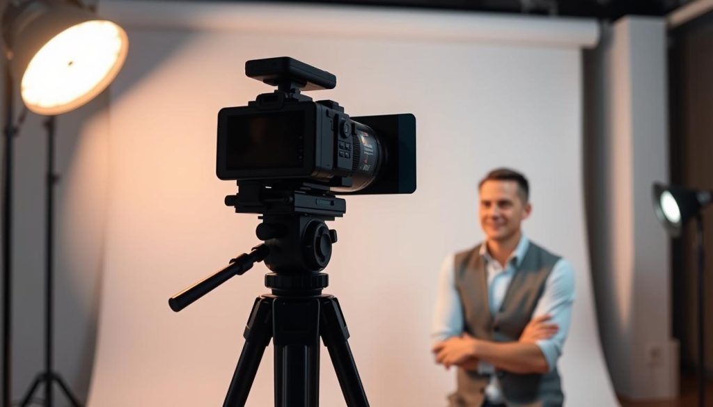 A professional videographer sets up a modern, clean studio for an estate planning expert. A tripod-mounted camera captures the subject against a sleek, minimalist backdrop. Soft, directional lighting emphasizes the speaker's authoritative presence. The frame is carefully composed to showcase the speaker's face and upper body, creating an intimate, yet professional feel. A sense of authority and expertise emanates from the scene, effectively conveying the subject matter of video marketing for estate planning professionals.