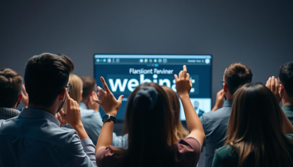 A professional webinar audience engaged in active participation. In the foreground, a diverse group of attendees lean forward attentively, eyes fixed on the screen, hands raised in eager discussion. The middle ground showcases a modern, minimalist webinar interface with clean typography and elegant graphics. Soft, diffused lighting creates a warm, inviting atmosphere, while the background blurs into a subtly textured backdrop, placing the focus on the audience's rapt attention. The scene conveys a sense of productive collaboration and intellectual exchange, reflecting the webinar's high-quality delivery and the audience's genuine investment in the content.