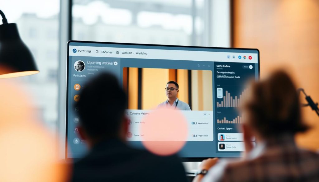 A professional webinar platform interface with a sleek, modern design. In the foreground, a clean dashboard displays upcoming webinar details, participant analytics, and customizable engagement tools. The middle ground features a vibrant video preview window, showcasing the webinar presenter delivering an engaging talk. The background softly blurs, highlighting the minimalist aesthetic and focus on user experience. Soft, warm lighting creates a professional, yet inviting atmosphere. Crisp, high-resolution textures and clean lines convey a sense of refined digital sophistication. The overall composition emphasizes the power of webinars as an effective content marketing strategy.