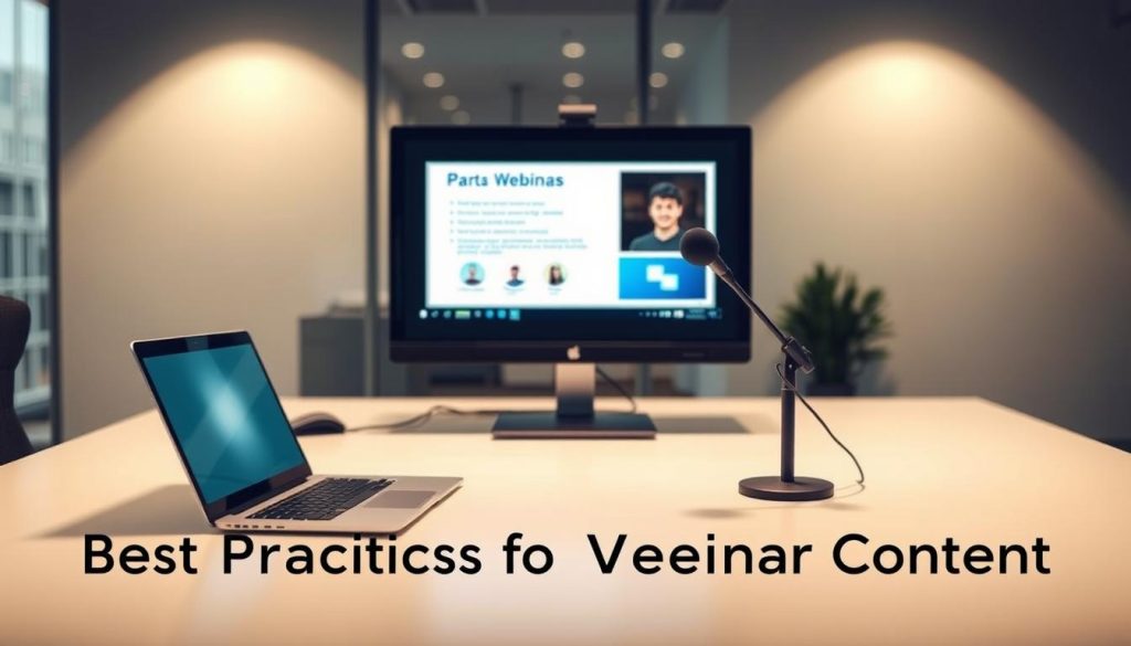 A professional, well-lit webinar presentation setup in a modern office environment. A sleek, minimalist desk with a laptop, microphone, and a large monitor displaying presentation slides. Soft, directional lighting illuminates the scene, creating a warm, inviting atmosphere. The background features a blurred, out-of-focus cityscape or office interior, emphasizing the webinar equipment as the focal point. The composition conveys a sense of professionalism, efficiency, and attention to detail, suitable for illustrating the "Best Practices for Webinar Content" section.