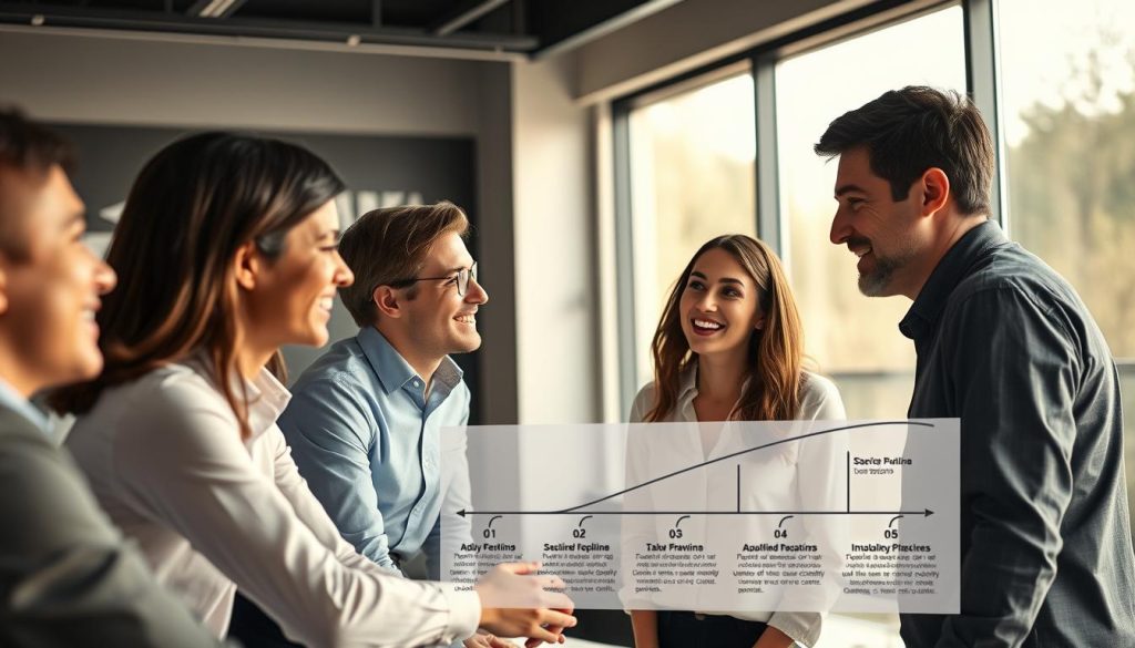 A sales team engages in purposeful dialogue, using proven techniques to guide qualified leads towards conversion. In the foreground, sales representatives lean in, faces alight with enthusiasm as they guide clients through the sales funnel. The middle ground depicts a visualized sales pipeline, its stages clearly marked, guiding the transaction. In the background, a sleek, minimalist office setting with large windows, allowing natural light to stream in, creating a professional yet approachable atmosphere. The scene is illuminated by soft, directional lighting, capturing the nuances of facial expressions and body language, conveying the importance of personalized engagement. The overall mood is one of collaborative success, where the sales team's expertise and the client's needs seamlessly align.
