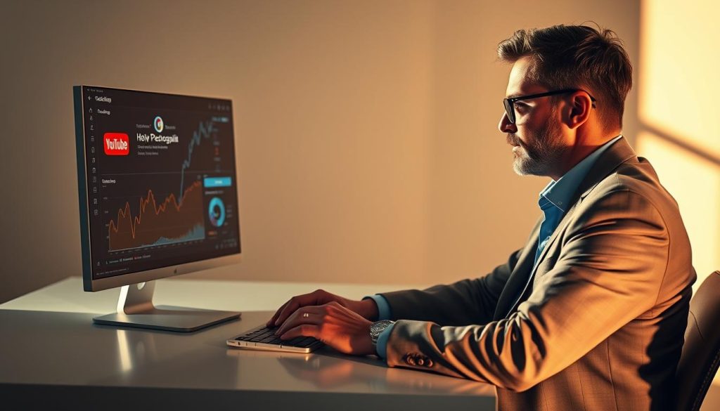 A seasoned YouTube marketing consultant sits at a sleek desk, intently studying analytics on a large screen. The scene is bathed in warm, directional lighting, casting dramatic shadows and highlighting the consultant's focused expression. The background is a minimalist office setting, with clean lines and muted tones, creating a professional and sophisticated atmosphere. The consultant's outfit is well-tailored, conveying an air of authority and expertise. The overall composition emphasizes the consultant's role as a trusted guide, poised to unlock the secrets of successful YouTube marketing.