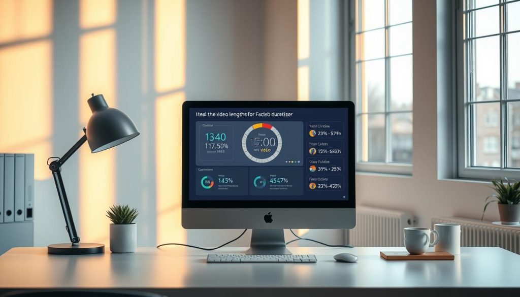 A serene, focused workplace with a computer displaying a digital stopwatch, showcasing various video duration metrics. The scene is lit by a warm, natural light filtering through large windows, creating a productive and creative atmosphere. The computer screen displays an interface with visual indicators and statistics related to ideal video lengths for Facebook advertising, emphasizing the importance of understanding optimal content duration for effective campaigns. The composition is balanced, with the computer and its data visualization taking center stage, surrounded by a minimalist, clutter-free environment that facilitates thoughtful analysis and decision-making.
