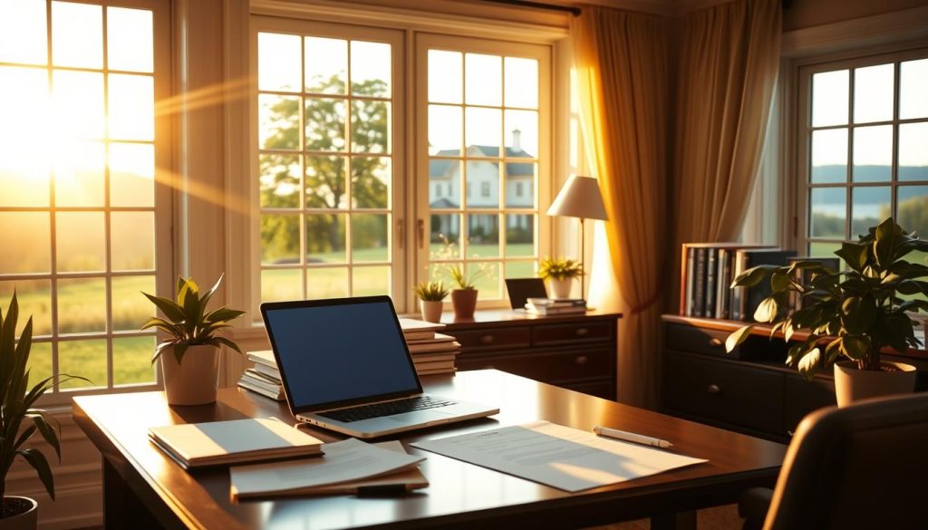 A serene home office, bathed in warm golden light, with a well-organized desk featuring a laptop, a stack of documents, and a potted plant. In the background, a large window overlooks a picturesque estate, hinting at the expertise of the estate planner. A sense of professionalism and attention to detail pervades the scene, suggesting effective content marketing strategies tailored for this specialized audience.