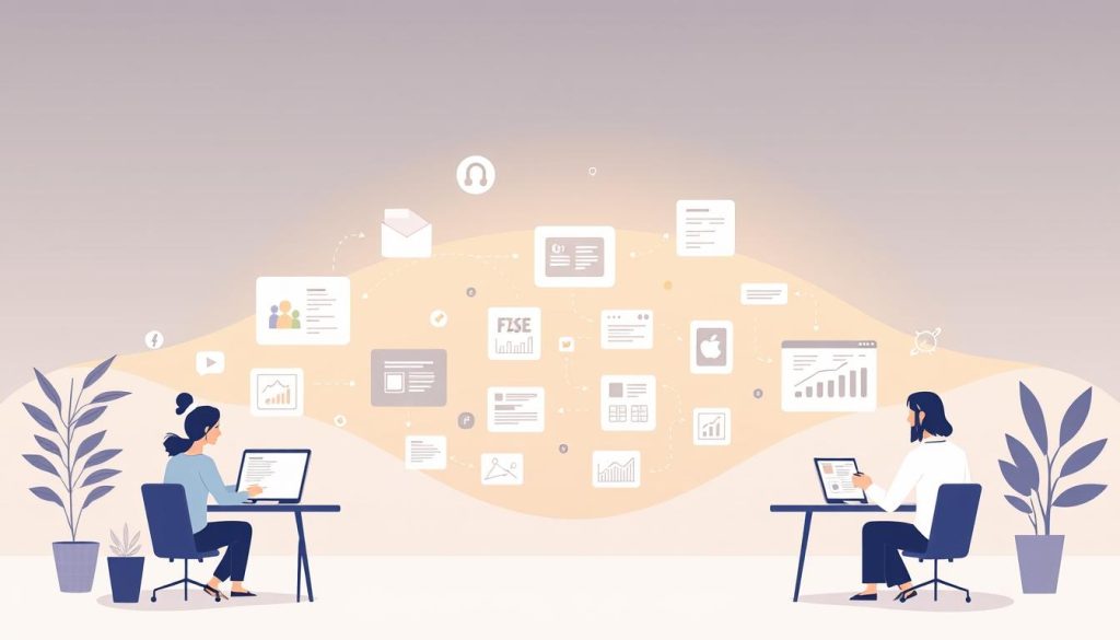 A serene, minimalist illustration of the content marketing process. In the foreground, a team of creatives ideating and crafting engaging content - brainstorming, writing, and designing visual assets. In the middle ground, the content is distributed across various digital channels - social media, email, websites. In the background, a data-driven feedback loop, with analytics and insights informing the next iteration of the process. Soft, warm lighting casts a harmonious glow, conveying the methodical yet dynamic nature of effective content marketing. Rendered in a clean, vector-based style with a muted color palette.