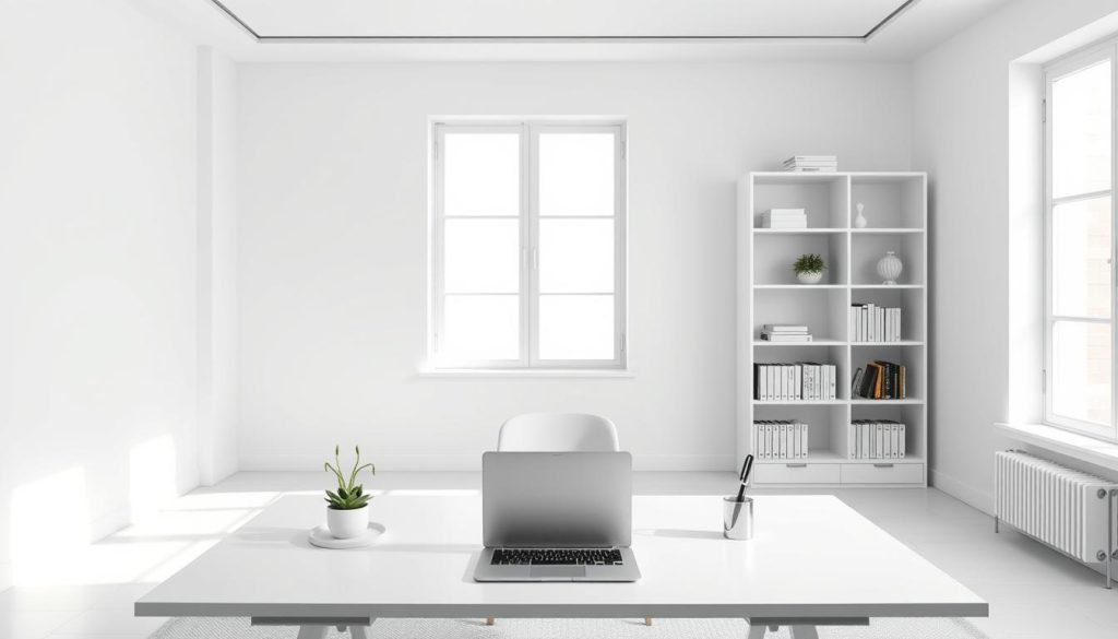 A serene, minimalist office workspace with a clean, modern aesthetic. In the foreground, a sleek white desk stands prominently, its surface adorned with a laptop, a strategically placed succulent, and a stylish pen holder. The middle ground features a tall, monochrome bookshelf, its shelves neatly organized with a few carefully curated books and decorative objects. The background showcases a large window, allowing natural light to flood the space and creating a sense of openness and tranquility. The overall lighting is soft and diffused, creating a calming atmosphere conducive to focused, productive work. The color palette is a harmonious blend of whites, grays, and earthy tones, exuding a sense of sophistication and intentionality. This minimal, well-designed workspace serves as a visual representation of an effective UGC strategy - one that is streamlined, organized, and optimized for maximum impact.