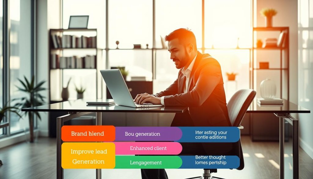 A serene, modern office setting with a financial advisor sitting at a sleek, glass-top desk. The room is bathed in natural light streaming through large windows, casting a warm glow on the advisor's face as they work on a laptop. In the foreground, a colorful infographic depicts the key benefits of content marketing for financial advisors - increased brand visibility, improved lead generation, enhanced client engagement, and better thought leadership. The background features shelves of financial books and decor that subtly reinforce the advisor's expertise. The overall scene conveys a sense of professionalism, knowledge, and the value that content marketing can provide to elevate a financial practice.