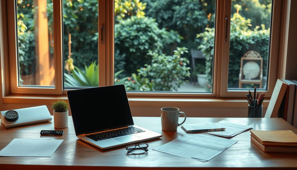 A serene office workspace with a laptop, coffee mug, and scattered papers on a wooden desk, bathed in warm, natural lighting from a large window overlooking a lush, verdant garden. The scene conveys a sense of focus and productivity, hinting at the automated processes that power content marketing. Subtle details like a timer, calendar, and task list suggest the organized workflows behind the scenes, while the tranquil outdoor view represents the thoughtful, human elements that shouldn't be automated. The composition and lighting create a balanced, inviting atmosphere, reflecting the nuanced approach to content marketing automation.