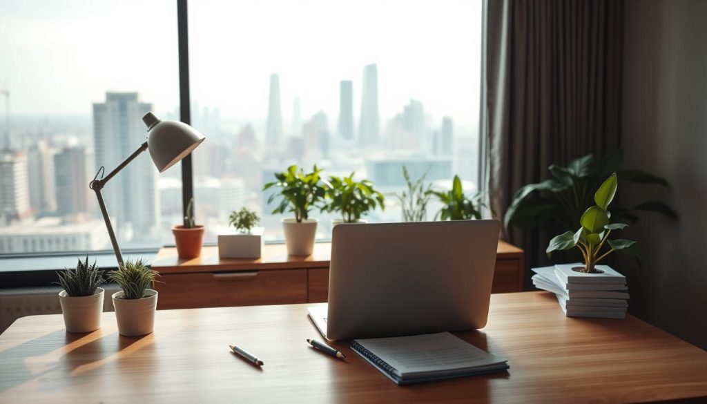 A serene, well-lit office setting with a wooden desk, potted plants, and a cozy ambiance. On the desk, a laptop, a pen, and a stack of papers symbolize the content marketing strategy. Behind the desk, a large window offers a view of a bustling city skyline, representing the broader business landscape. Soft, directional lighting casts gentle shadows, creating a contemplative atmosphere. The scene conveys a sense of focus, productivity, and a strategic approach to content marketing for business growth.