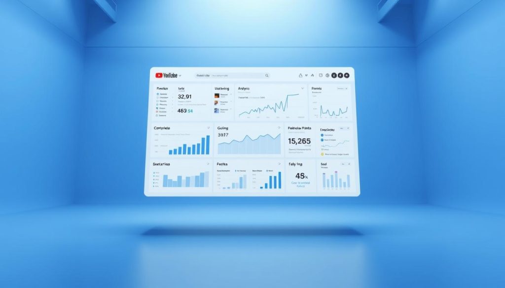 A sleek and modern analytics dashboard hovers in a minimalist 3D environment, bathed in cool blue tones and soft lighting. In the foreground, a series of interactive charts and graphs display key YouTube metrics - view counts, subscriber growth, engagement rates, and more. The middle ground features streamlined UI elements and infographic-style visualizations, while the background fades into a subtly textured, industrial-inspired setting. The overall composition conveys a sense of data-driven clarity and digital precision, perfectly suited to illustrate the "Analyzing and Measuring Success" section of the "Master YouTube Marketing" article.