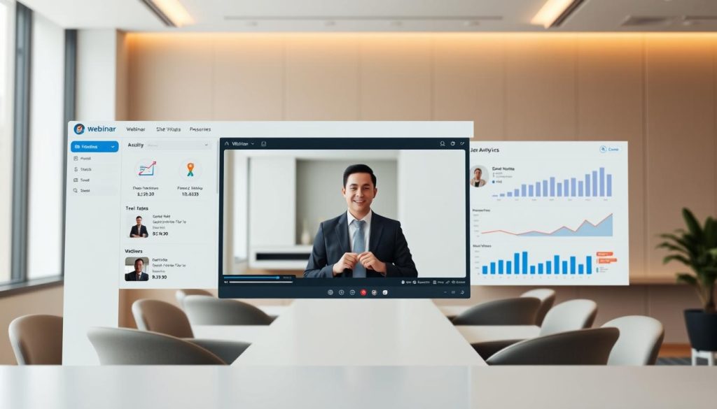 A sleek and modern webinar hosting platform interface set against a warm, professional backdrop. In the foreground, a clean user dashboard showcases various webinar management tools - scheduling, slide uploads, audience analytics. The middle ground features a large video display window, capturing the presenter in high-definition, while the background implies a minimalist, elegant office setting with soft lighting and muted colors. The overall atmosphere conveys a sense of efficiency, productivity, and a seamless webinar experience.