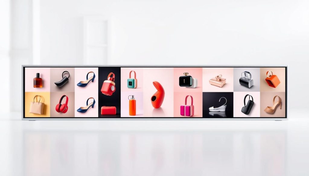 A sleek and visually captivating carousel ad layout, composed of a series of vibrant, high-quality product images. The foreground features an array of carefully curated product shots, each one showcasing the item from an engaging angle and in a soft, natural lighting. The middle ground presents a cohesive, visually harmonious arrangement of the individual product frames, creating a sense of flow and rhythm. In the background, a subtly blurred, minimalist setting provides a clean, elegant backdrop, allowing the products to take center stage. The overall composition exudes a modern, sophisticated aesthetic, with a balance of visual interest and clarity that would captivate the viewer and effectively showcase the featured products.