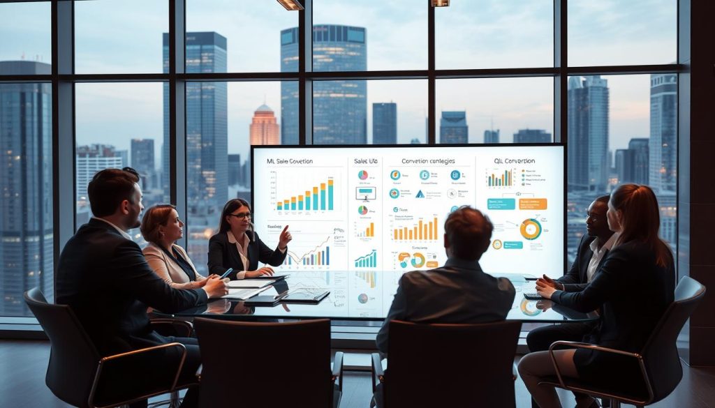 A sleek, contemporary office interior with large windows overlooking a bustling city skyline. In the foreground, a team of businesspeople engages in a lively discussion around a glass conference table, their faces animated as they review and analyze sales data projected onto a high-resolution display. In the middle ground, a whiteboard covered in colorful diagrams and charts illustrates various MQL conversion strategies, with arrows and annotations guiding the viewer's eye. The background is softly lit, with warm, indirect lighting casting a subtle glow and creating a sense of professionalism and productivity. The overall scene conveys a dynamic, collaborative environment where data-driven decision-making drives business growth.