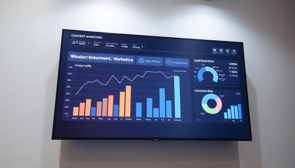 A sleek, data-driven dashboard featuring a line graph, bar chart, and pie chart visualizing content marketing performance metrics such as website traffic, lead generation, and conversion rates. The dashboard is displayed on a high-resolution display with a minimalist, modern design. The lighting is soft and directional, illuminating the data visualizations and creating depth and dimension. The angle is from a slight overhead perspective, giving the viewer a sense of looking down on the dashboard. The overall mood is one of clarity, efficiency, and data-driven decision making.