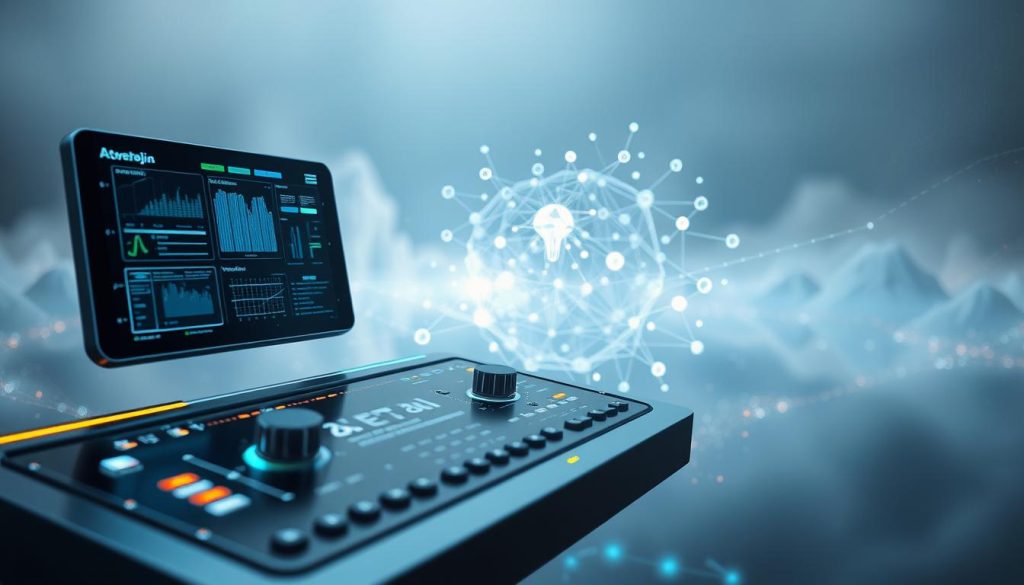 A sleek, futuristic control panel floats in the foreground, adorned with holographic displays and tactile controls. In the middle ground, an abstract AI neural network pulses with dynamic energy, its nodes and connections illuminating the space. The background fades into a hazy, ethereal landscape, suggesting the boundless possibilities of AI-powered search engine optimization. The scene is bathed in a cool, metallic light, creating a sense of technological sophistication and innovation. The overall mood is one of power, precision, and the seamless integration of human and machine intelligence.