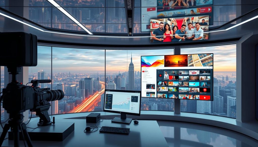 A sleek, futuristic studio with a panoramic view of a bustling city skyline. In the foreground, a professional-grade camera and lighting equipment sit on a modern, minimalist desk, hinting at the content creation and optimization taking place. The middle ground features a large, high-resolution computer display showcasing various YouTube channel analytics and optimization tools. In the background, a wall-mounted display shows a vibrant, colorful thumbnail design and a meticulously curated video library, all under the careful curation of a savvy YouTube content creator. The scene exudes a sense of efficiency, innovation, and a relentless pursuit of channel growth and success.