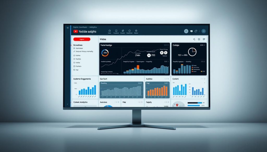 A sleek, minimalist YouTube Analytics Dashboard illuminated by soft, diffused lighting. The interface displays an array of intuitive graphs and charts, meticulously organized to provide deep insights into channel performance, audience engagement, and content analytics. The dashboard is presented on a large, high-resolution monitor against a serene, muted background, suggesting a professional, data-driven approach to YouTube marketing optimization. The clean, modern aesthetic and carefully curated visualizations convey a sense of clarity and control, empowering business owners to make informed decisions that drive growth.