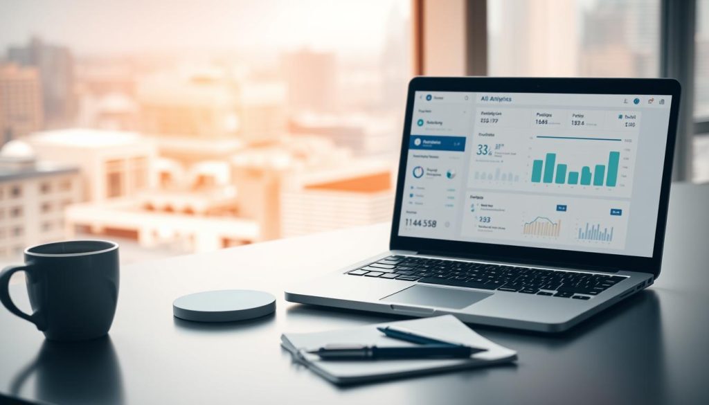 A sleek, minimalist desktop scene, bathed in warm lighting and clean lines. In the foreground, a laptop displays a detailed analytics dashboard, the screen filled with charts, graphs, and performance metrics for a Facebook advertising campaign. A cup of coffee and a pair of stylish glasses sit nearby, adding a touch of professionalism. In the middle ground, a clean, modern workspace with a strategically placed notebook and pen, hinting at the analytical process. The background features a blurred cityscape, suggesting the broader context of digital marketing and the pursuit of effective advertising strategies. The overall mood is one of focused, data-driven decision-making.