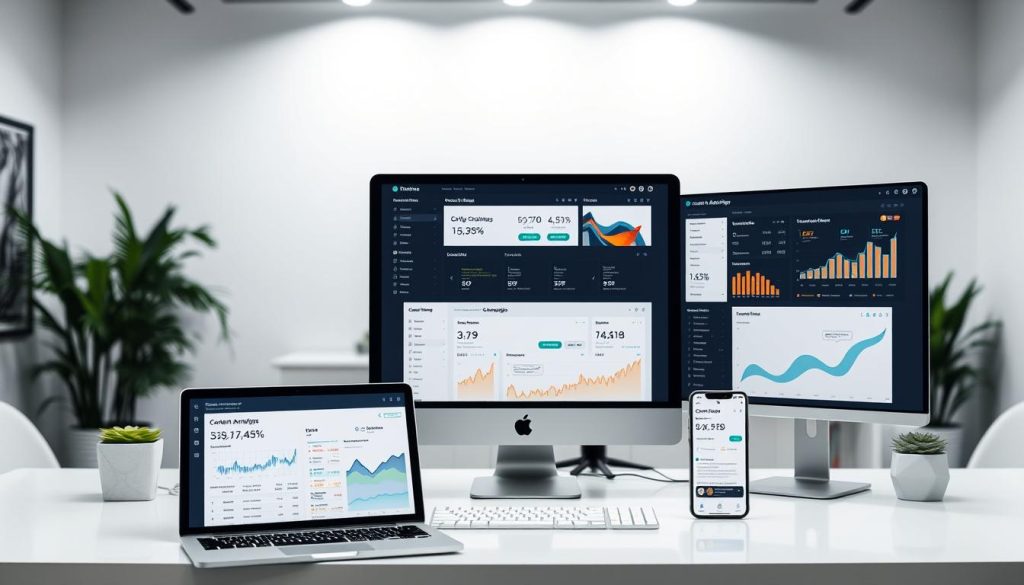 A sleek, minimalist desktop setup with various content marketing analytics tools and dashboards displayed on multiple screens. The foreground features a laptop, tablet, and smartphone showcasing lead generation metrics, traffic sources, and campaign performance. The middle ground includes a desktop monitor displaying a content calendar and social media analytics. The background has a clean, modern office setting with subtle lighting and an airy, inspirational atmosphere.