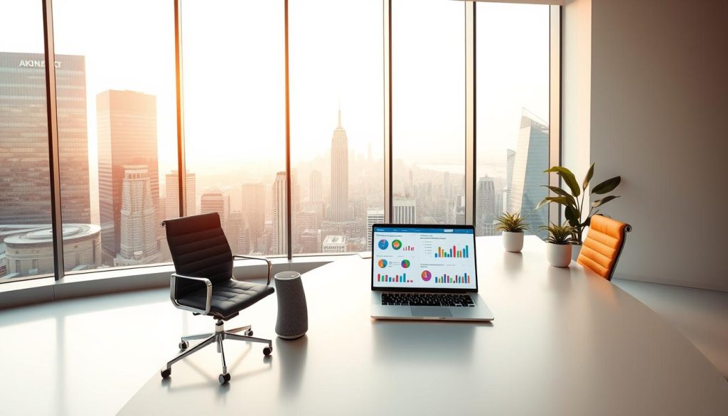 A sleek, minimalist office workspace with a large, curved desk and ergonomic chairs. A large window offers a panoramic view of a bustling city skyline, bathed in warm, golden light. On the desk, a laptop displays a data visualization dashboard, with colorful charts and graphs representing targeted lead generation insights. A smart speaker and a small potted plant add a touch of modern elegance. The overall atmosphere is one of efficiency, productivity, and data-driven decision-making.