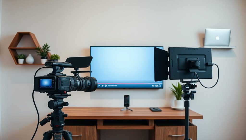 A sleek, modern YouTube channel setup against a clean, minimalist background. The foreground showcases a high-end camera, studio lighting, and a professional microphone on a sturdy desk. In the middle ground, a large, high-resolution display presents a channel trailer or latest video. The background features a neutral-toned wall, tastefully decorated with geometric shelves, potted plants, and a sleek, wall-mounted laptop. The overall composition conveys a sense of professionalism, attention to detail, and a well-curated, visually appealing YouTube channel.
